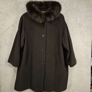Kristen Blake Black 100% Lambswool Hooded Swing Coat Fox Fur Trim Womens 22W